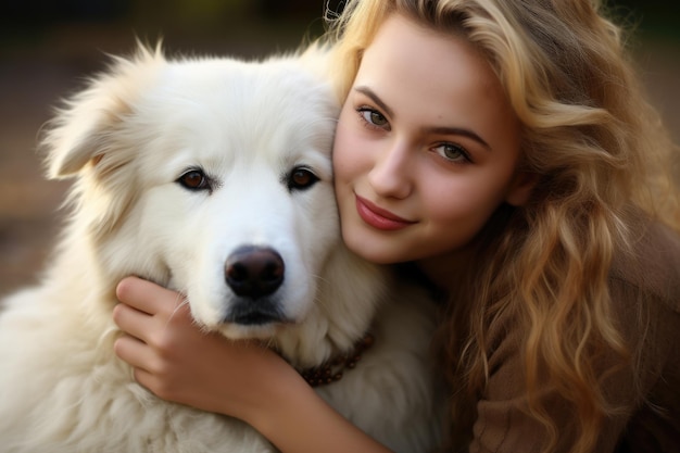 かわいい犬を持つ美しい白人の若い女性、女性の友情の完璧な写真