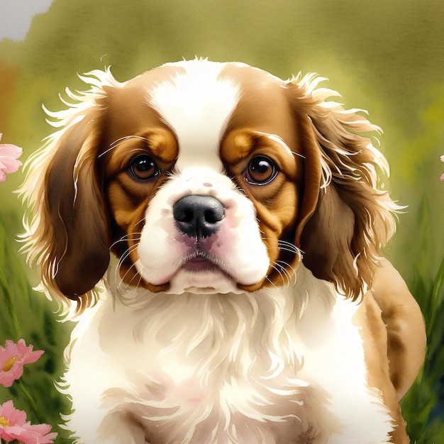 아름다운 Cavalier King Charles Spaniel 개 수채화 그림 우아한 우아함 생성 AI