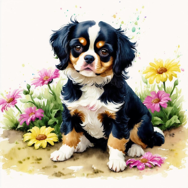 아름다운 Cavalier King Charles Spaniel 개 수채화 그림 우아한 우아함 생성 AI