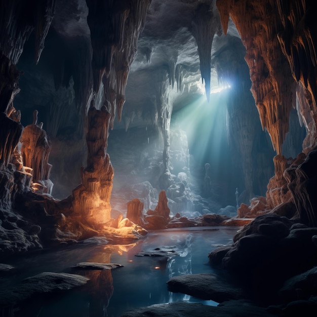 사진 스탈라크타이트 가 있는 아름다운 동굴