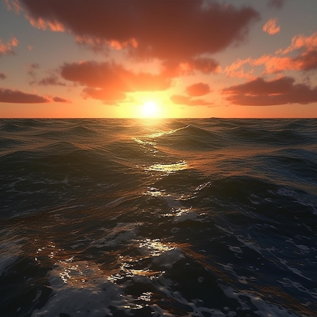 Красивый океан на закате, потрясающее небо Генеративный AI
