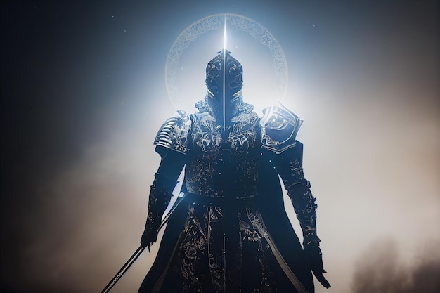 A beautiful celestial knight in silver metal golden shining armor videogame style cinematic movie styleknight with sword and shieldFantasy artAI Neural Network Computer Generated Art