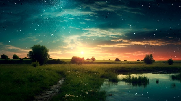 자연 풍경 위에 하늘에 밝은 별이 있는 꿈결 같은 환상의 아름다운 하늘 Generative AI