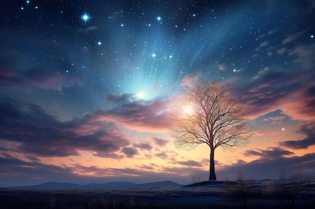 Beautiful celestial sky in dreamy fantasy with bright star in the sky over nature