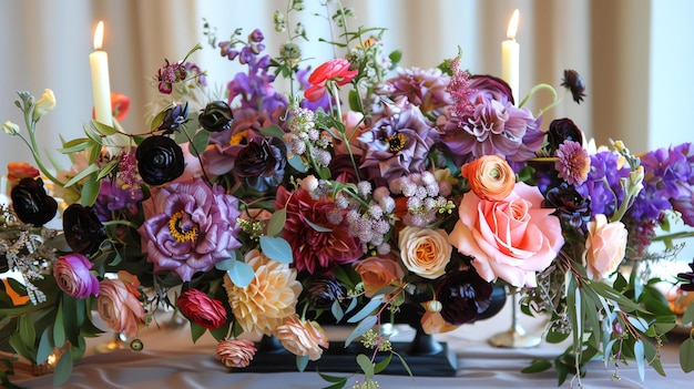 A beautiful centerpiece of flowers in various shades of purple pink and orange