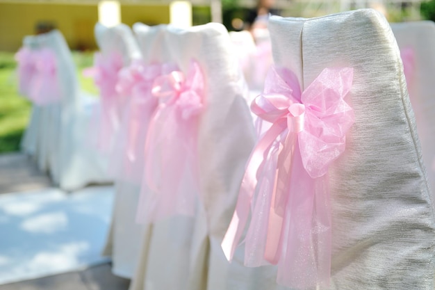 Beautiful chairs with pink bows on wedding ceremony