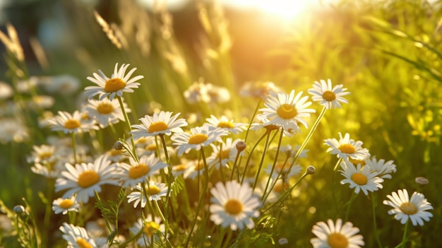 beautiful chamomile flowers in meadow