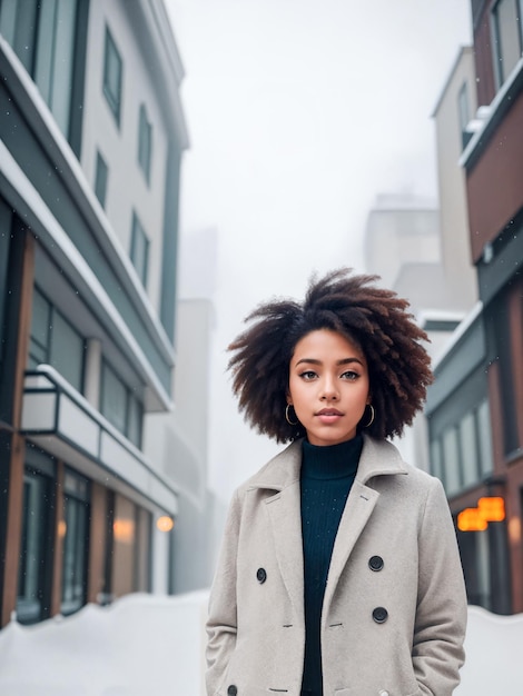 軽い冬のコートを着た美しい魅力的な黒人女性冬の雪都市街路デジタルクリエイティブデザイナーファッションアートAIイラスト