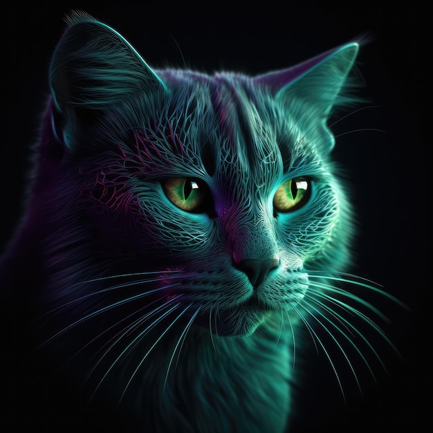 Beautiful Chartreux Face Shape In Green Purple Fire On Black Background Dazzling And Radiant Generative AI