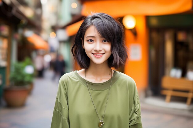 Beautiful and cheerful asian girl standing in sidewalk