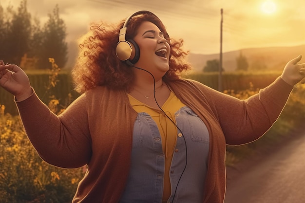 Beautiful and cheerful plus size woman in headphones generative ai