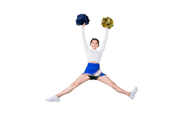 Photo beautiful cheerleader performing dances on studio