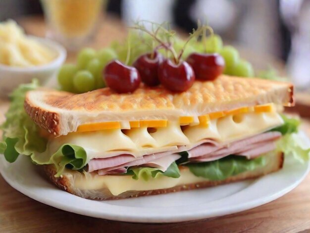 Photo a beautiful cheese sandwich on wooden table