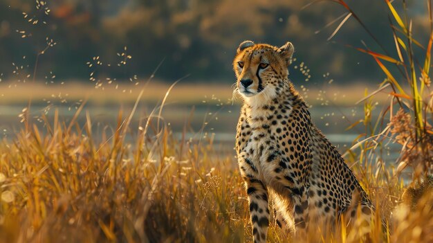 A beautiful cheetah sits in the tall grass of the savanna The sun is setting and the warm light casts a golden glow over the scene