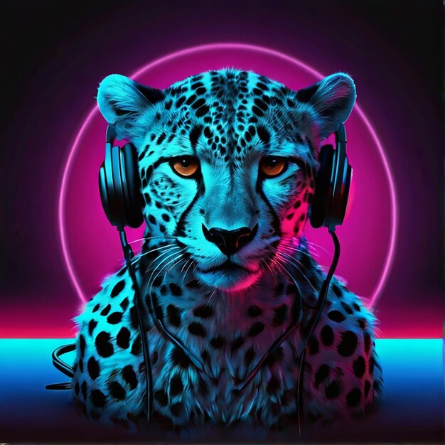 Beautiful cheetah tiger Head wear Headphone TShirt Design poster template colorful image illustration Ai generated art