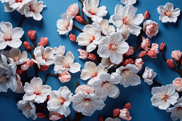Beautiful cherry blossom branches on blue background flat lay Space for text Pink and white flowers on a blue background AI Generated