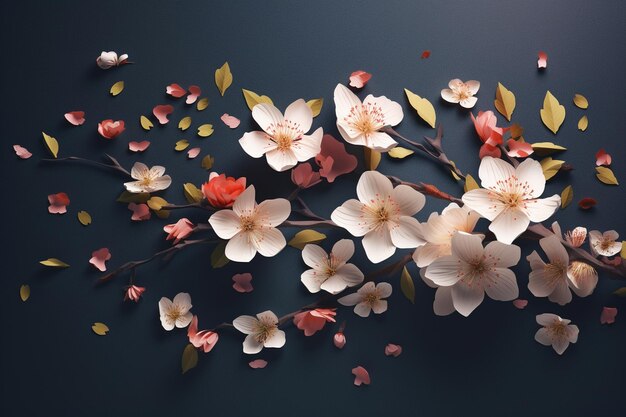 Photo beautiful cherry blossom flowers on dark blue background with copy space