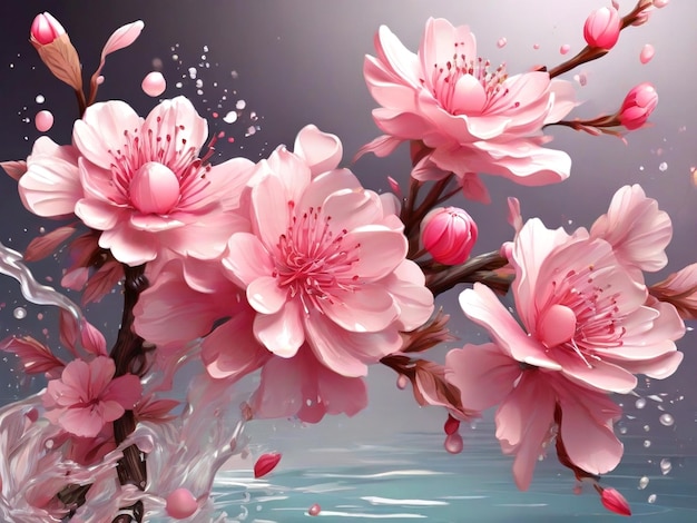 Beautiful cherry blossom illustration with an abstract pink flower with a water splash AIgenerated