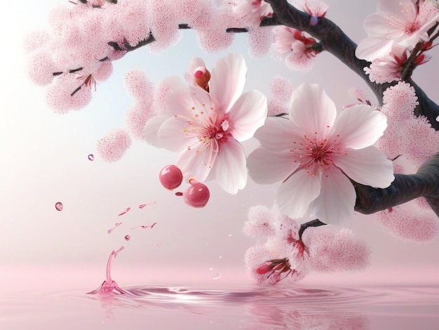 Beautiful cherry blossom illustration with an abstract pink flower with a water splash AIgenerated