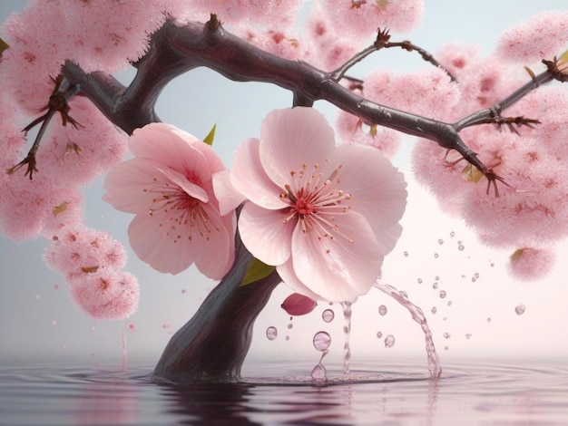 Красивая иллюстрация цветущей вишни с абстрактным розовым цветом с брызгой воды, сгенерированная искусственным интеллектом