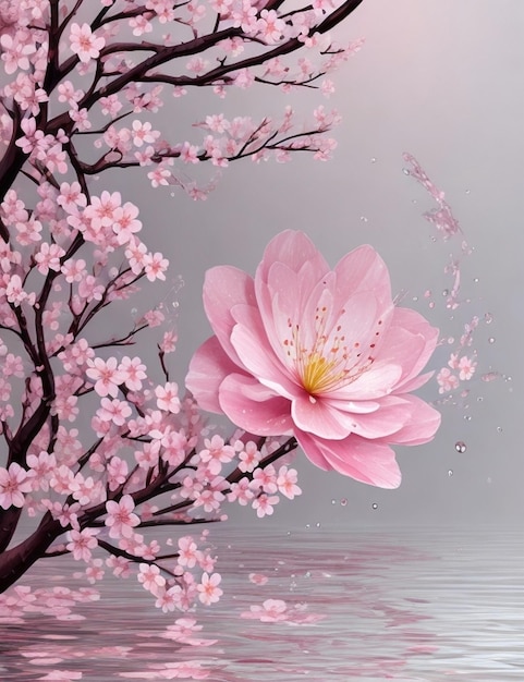 Photo beautiful cherry blossom illustration with an abstract pink flower with a water splash aigenerated