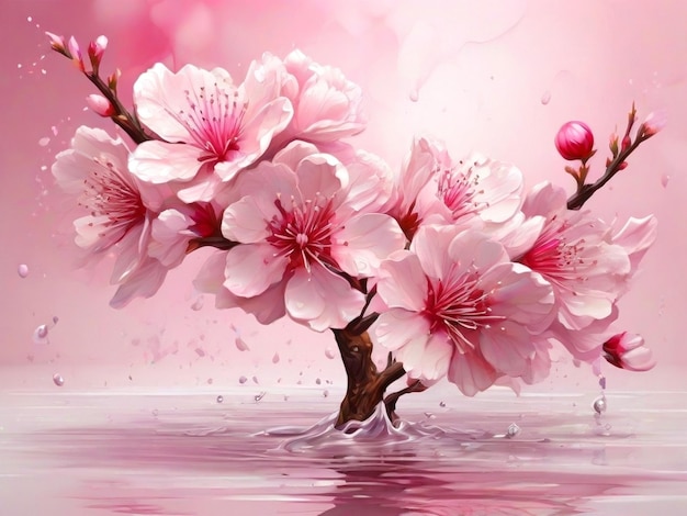 Beautiful cherry blossom illustration with an abstract pink flower with a water splash AIgenerated