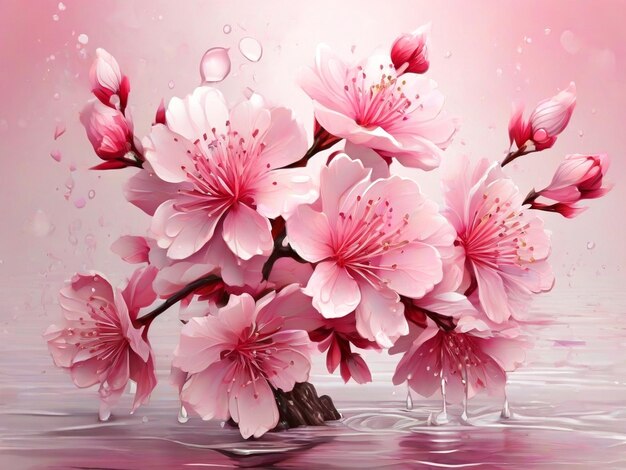 Beautiful cherry blossom illustration with an abstract pink flower with a water splash AIgenerated