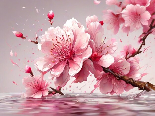 Beautiful cherry blossom illustration with an abstract pink flower with a water splash AIgenerated