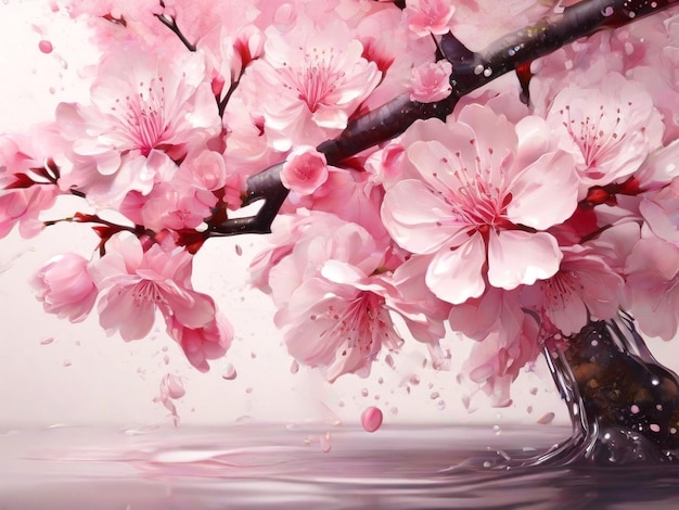 Photo beautiful cherry blossom illustration with an abstract pink flower with a water splash aigenerated