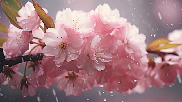 Beautiful cherry blossom in the rain Spring season Soft focus