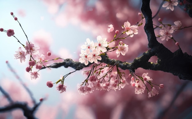 푸른 하늘 위로 봄철에 아름다운 벚꽃 사쿠라 Generative AI