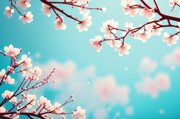 Beautiful cherry blossom or sakura tree branches on blue sky with copy space background in spring season