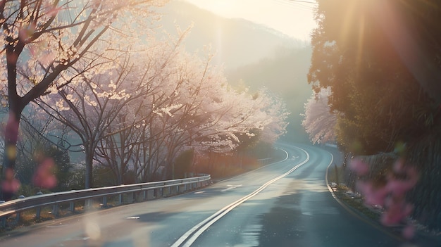 Beautiful Cherry blossom tree pink sakura flower Country road and curves Generative AI