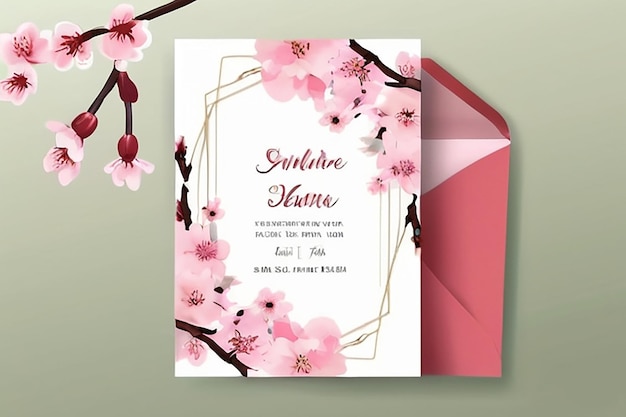 Photo beautiful cherry blossom wedding invitation card template