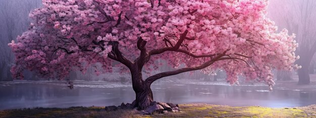 Foto bellissimo ciliegio con fiori rosa nel cielo