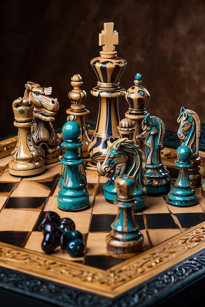 beautiful chess board with ornate peices