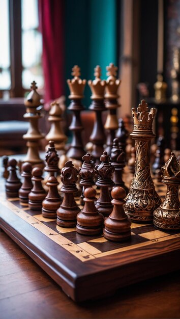 Photo beautiful chess board with ornate peices