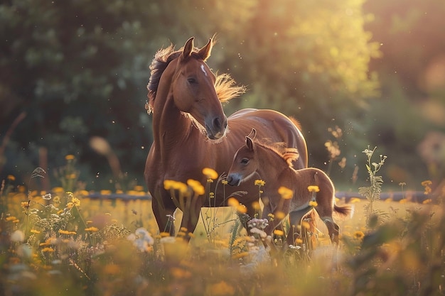 美しい栗色の馬馬と彼女の子馬が 遊んでいます