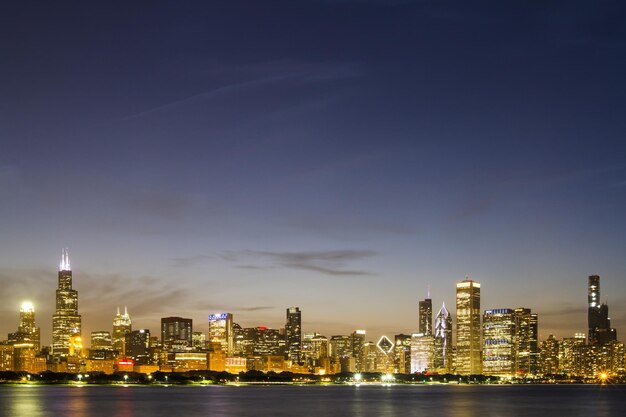 Beautiful Chicago skyline at evening with waterfront USA