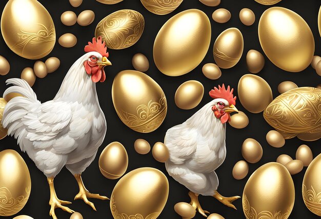 Foto bella gallina e brillante uovo d'oro