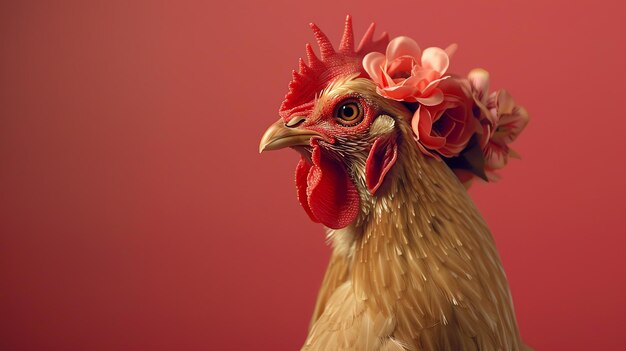 Photo a beautiful chicken wearing a wreath of pink roses the chicken is looking to the left of the frame the background is a deep red