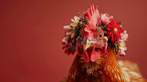 A beautiful chicken wearing a wreath of red and pink flowers The chicken is looking at the camera with a curious expression