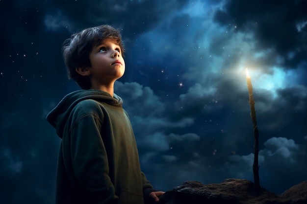 Photo beautiful child contemplating the stars engrossed