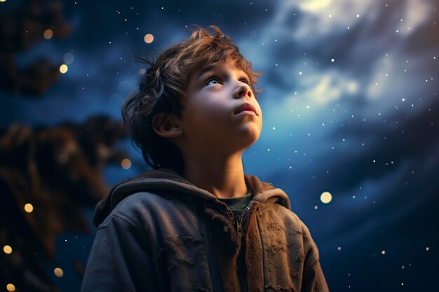 Foto bella bambina che contempla le stelle assorbita