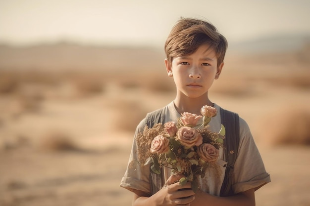 写真 美しい子供が砂漠で花を見つけた概念的な写真 生成 ai