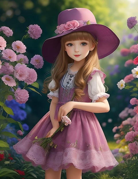 A Beautiful child girl with a flower hat on her head and beautiful background