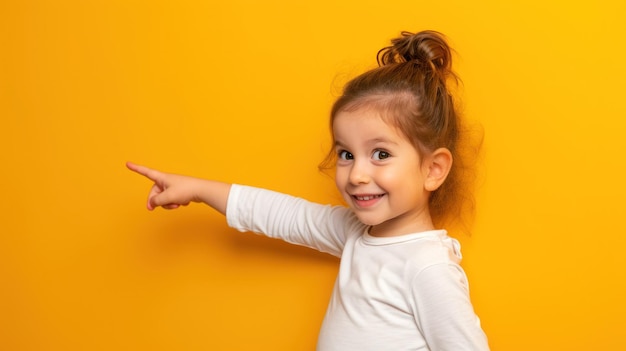 Фото Красивый ребенок, указывающий в сторону, улыбается на желтом фоне.