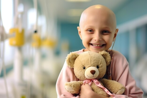 Photo beautiful child with cancer and hair loss due to chemotherapy