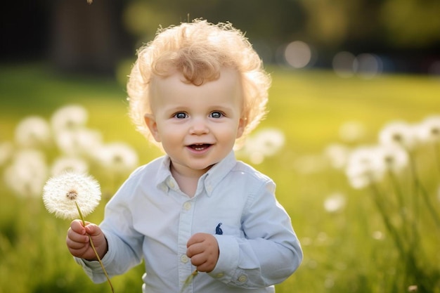 beautiful child with dandelion flower in spring park happy kid having fun outdoors