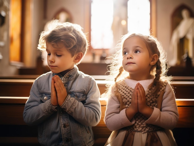 Beautiful children praying to God inside a church